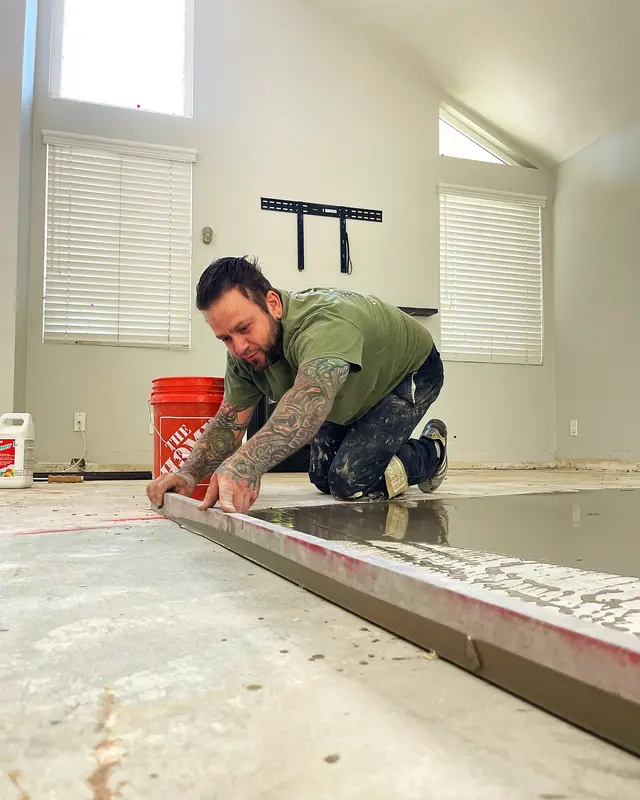 Floor leveling and subfloor repair with self-leveling compound by Grain and Stain Renovations in Hendersonville TN