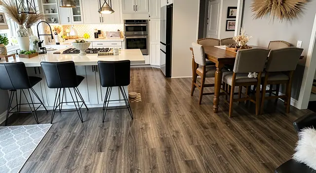 Kitchen and dining room wood look flooring remodel by Grain and Stain Renovations in Hendersonville TN